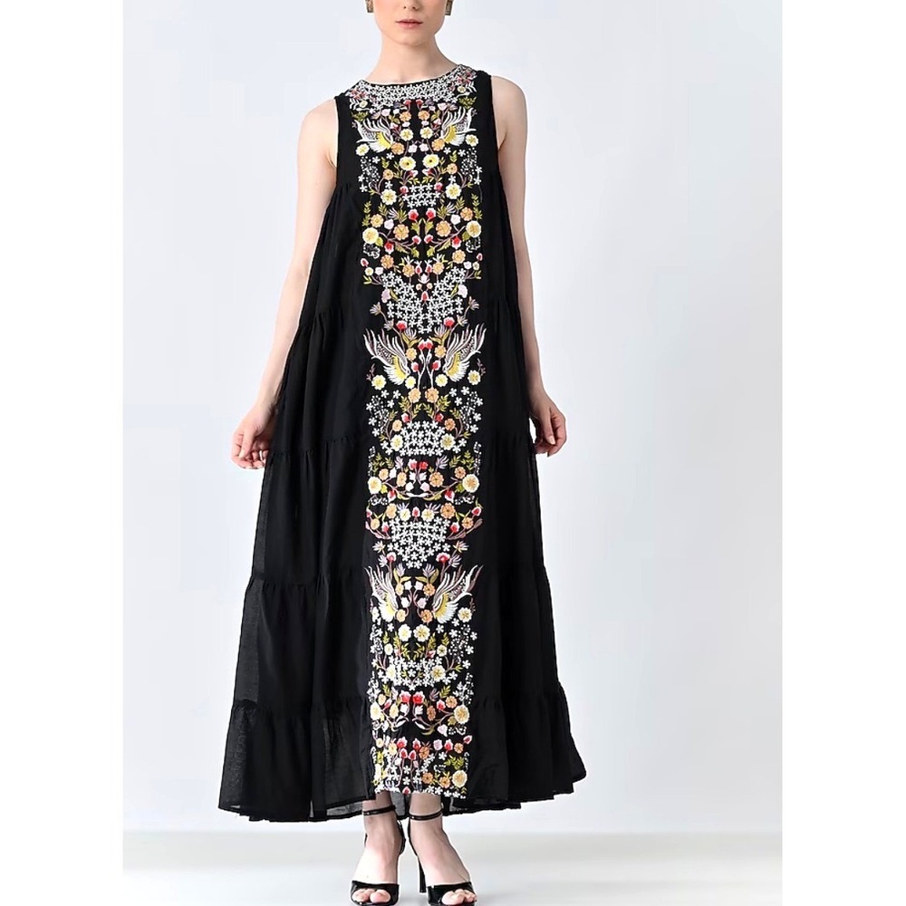 Anthropologie Samant Chauhan Black Embroidered Floral Tiered Maxi Dress Women 12